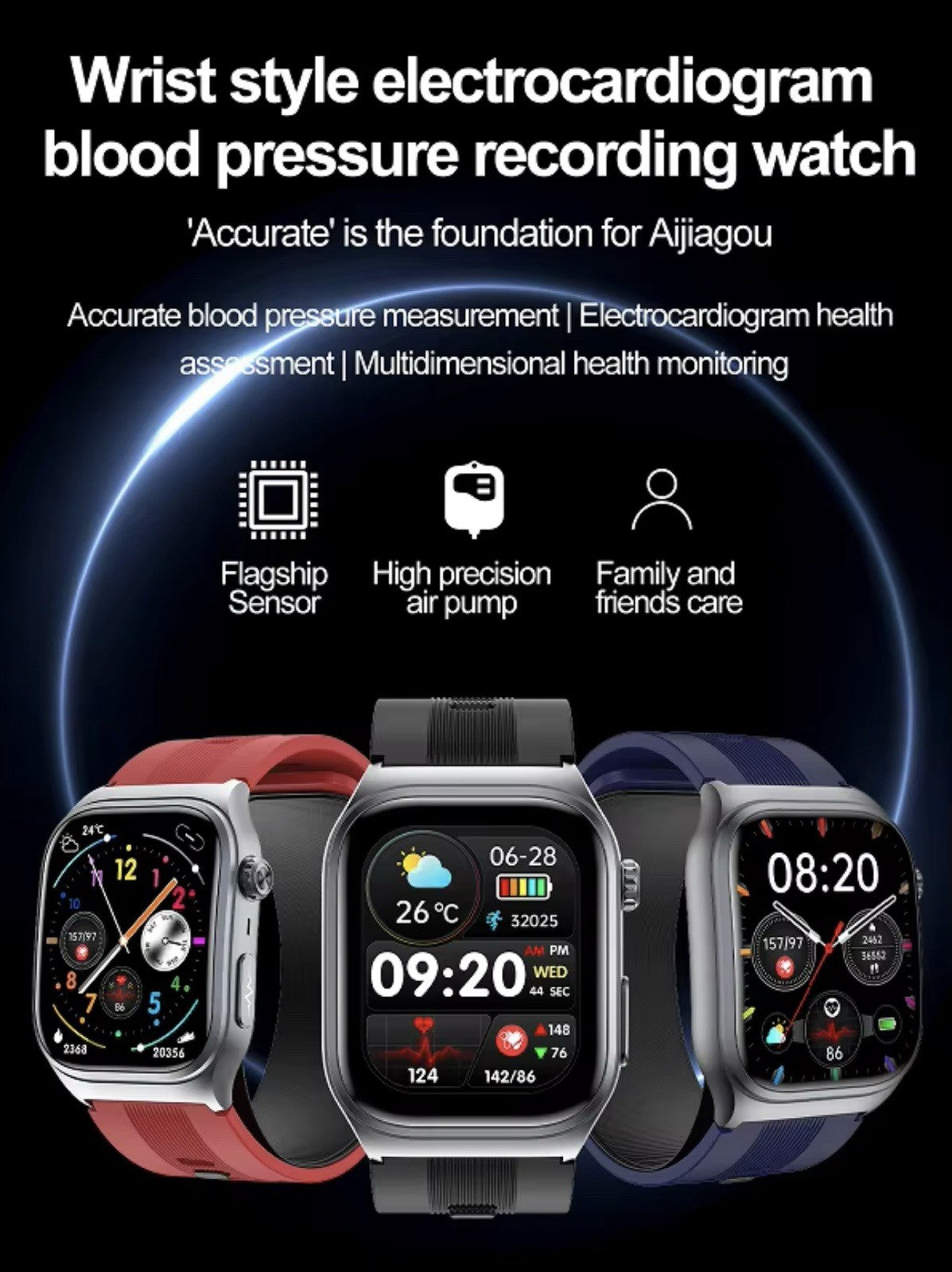 Smart Watch 2.06 AMOLED display Sport and Health,Blood Pressure Airbag Removable