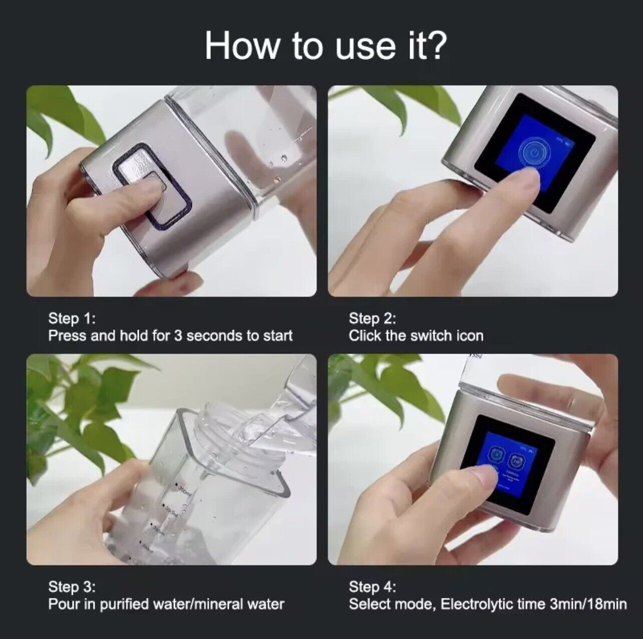 10000PPb H2 Portable TOUCH SCREEN healthy Hydrogen Water Bottle + Inhaler + App