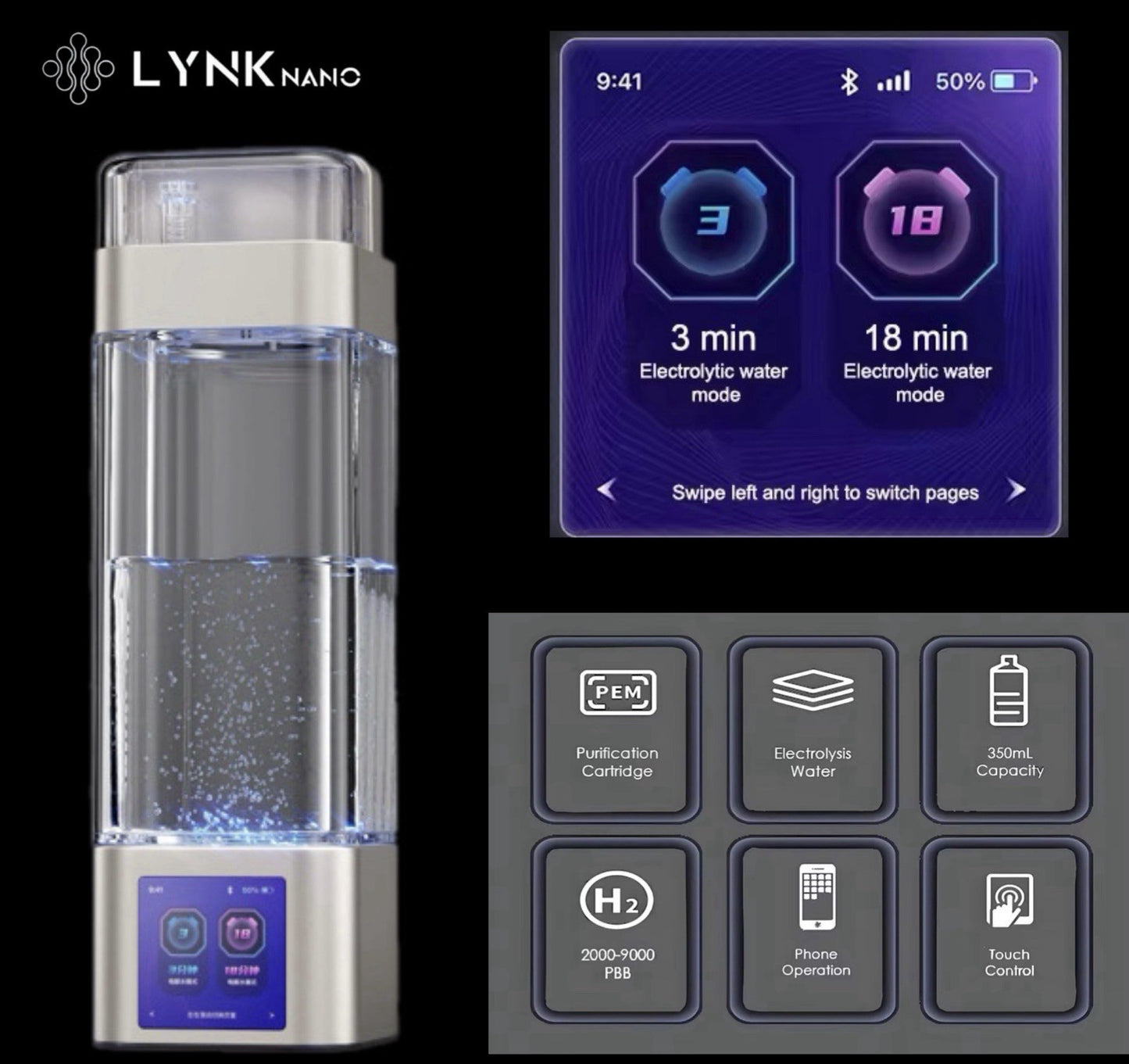 10000PPb H2 Portable TOUCH SCREEN healthy Hydrogen Water Bottle + Inhaler + App