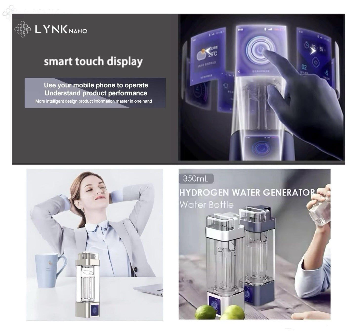 10000PPb H2 Portable TOUCH SCREEN healthy Hydrogen Water Bottle + Inhaler + App