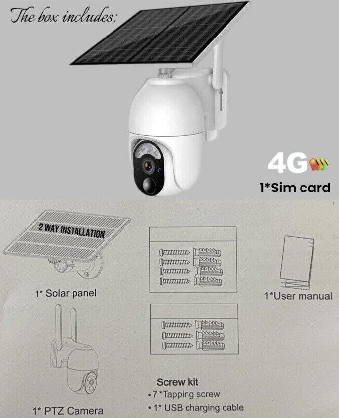 4G SOLAR Security HD 4MP Camera, 12m AI Human Detection,2-Way Audio,App,Sim Card
