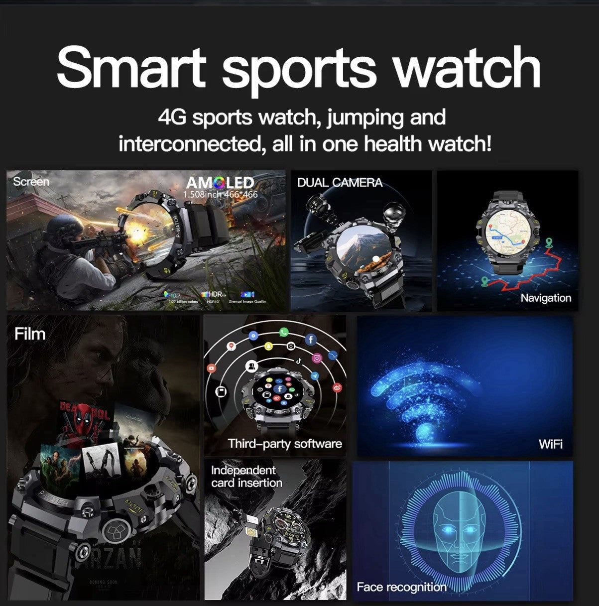 Smart Watch 4G Sim Card Dual Cameras Amoled Screen 4+64G GPS Video Call,1150 mAh