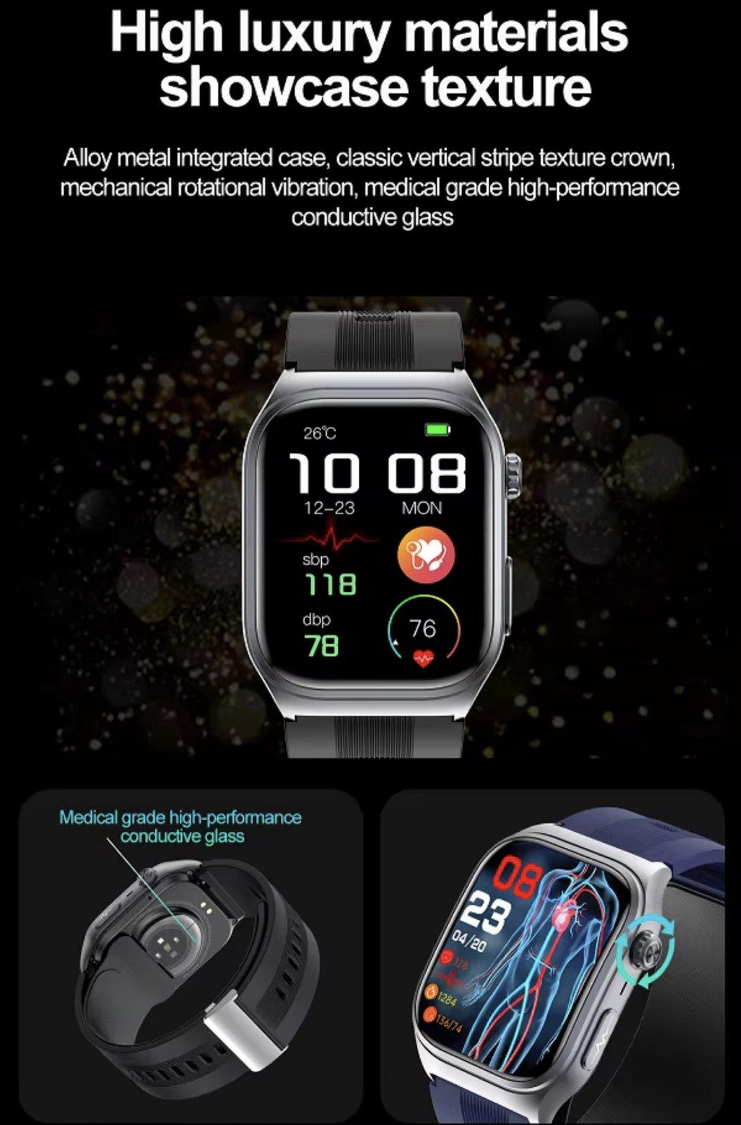 Smart Watch 2.06 AMOLED display Sport and Health,Blood Pressure Airbag Removable