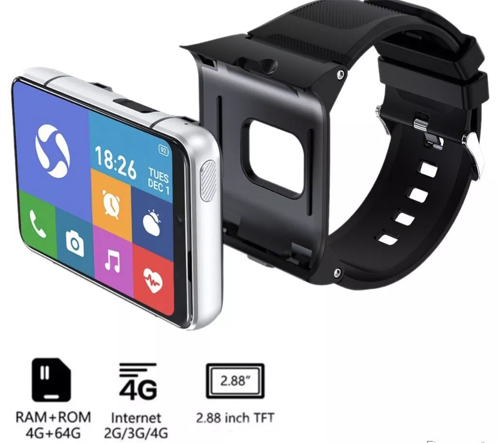 LRG 2.88" Touch Screen 4G SMRTWATCH PHONE Android 9.0 GPS, 2 Cameras 4+64GB, (SILVER) USA