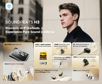 SoundPEATS H3 AI Hybrid 3 Driver Wireless Earbuds 12mm BT 5.4 55dB Adaptive ANC