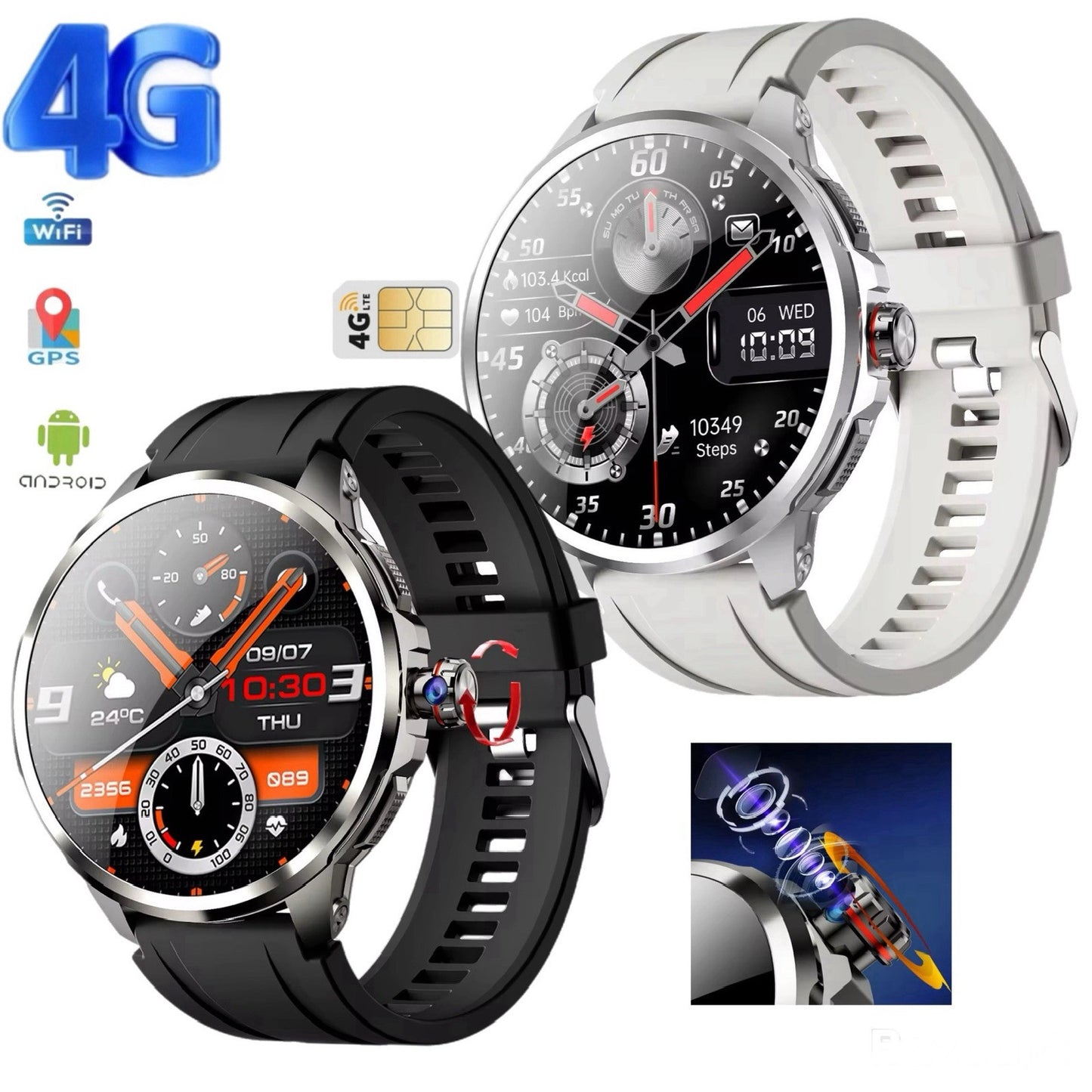 1.95" AMOLED 4G SMARTWATCH Phone Rotating Camera 8G+128GB,Android,GPS,NFC,1100mAh
