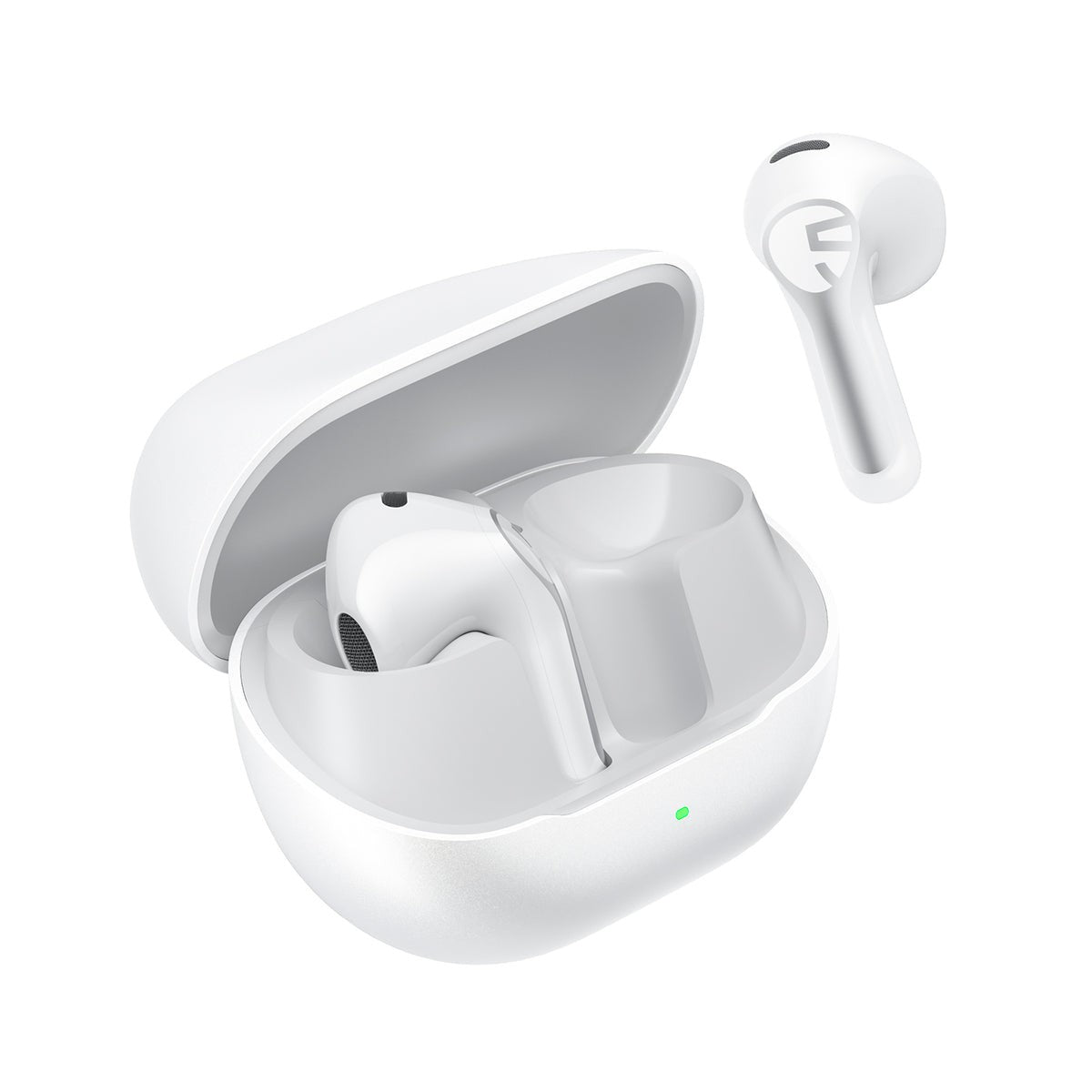 White Air6 HS earbuds, one resting in the open white charging case and one shown alongside it