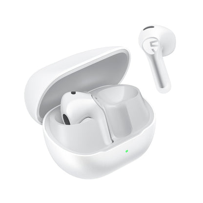 White Air6 HS earbuds, one resting in the open white charging case and one shown alongside it
