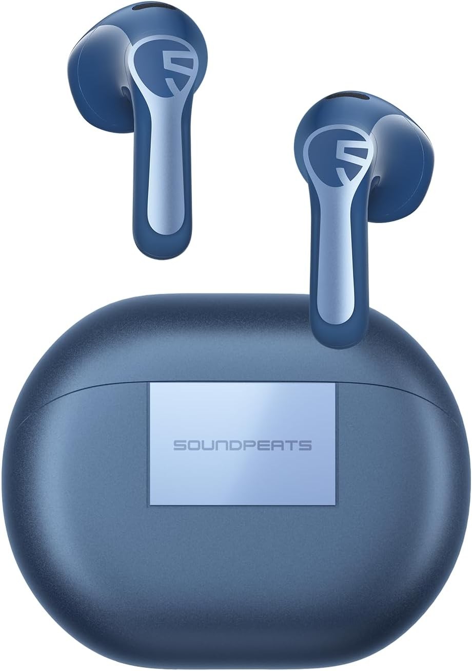 SoundPEATS Air6 HS wireless earbuds in blue, shown with the blue charging case