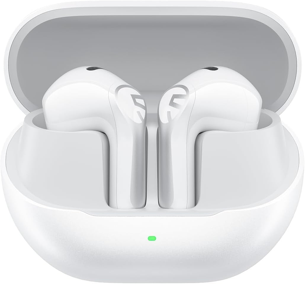 SoundPEATS Air6 HS wireless earbuds in white, resting in the open white charging case