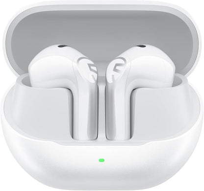SoundPEATS Air6 HS wireless earbuds in white, resting in the open white charging case
