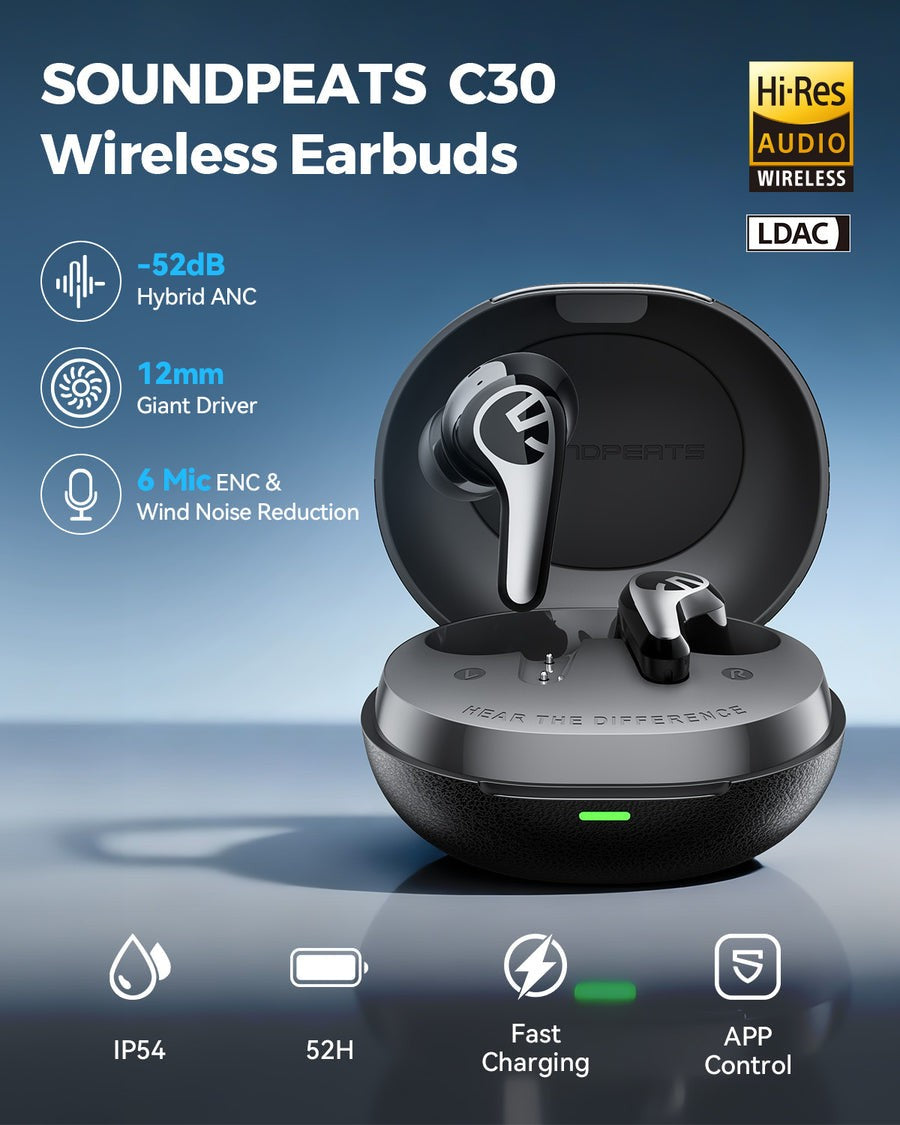 SOUNDPEATS C30 Wireless Earbuds -52dB Hybrid ANC Bluetooth 6.0 Headphones Hi-Res