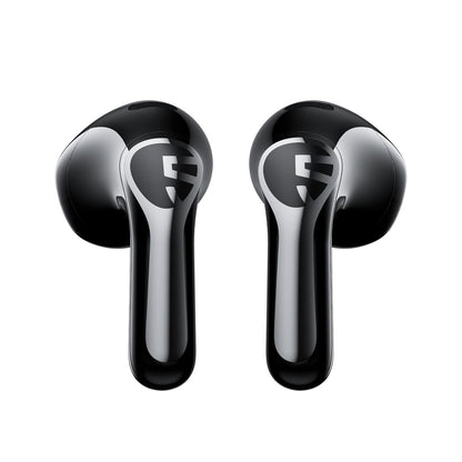 Close-up of a pair of black Air6 HS earbuds showing the SoundPEATS logo on each stem
