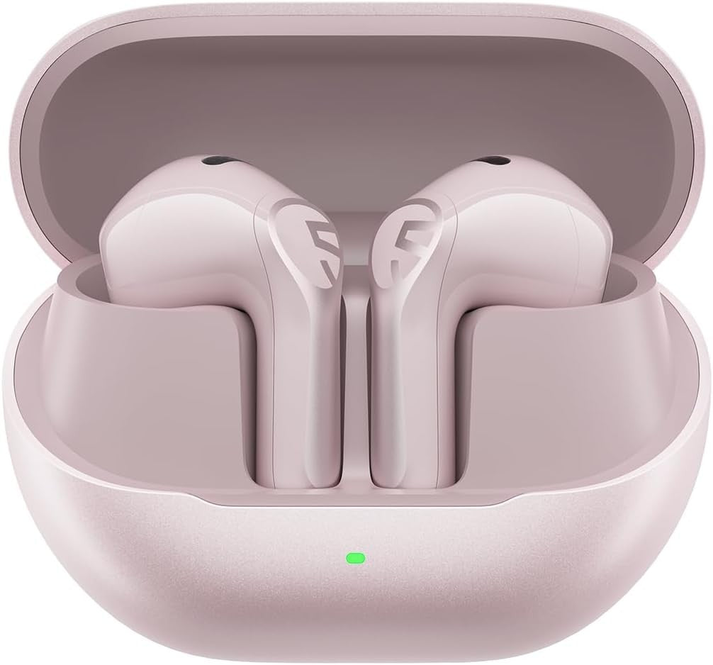 Pink Air6 HS earbuds resting in the open pink charging case