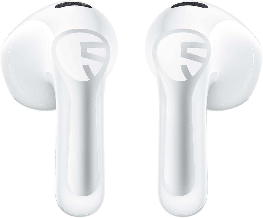 Close-up of a pair of white Air6 HS earbuds showing the SoundPEATS logo on each stem