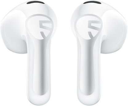 Close-up of a pair of white Air6 HS earbuds showing the SoundPEATS logo on each stem