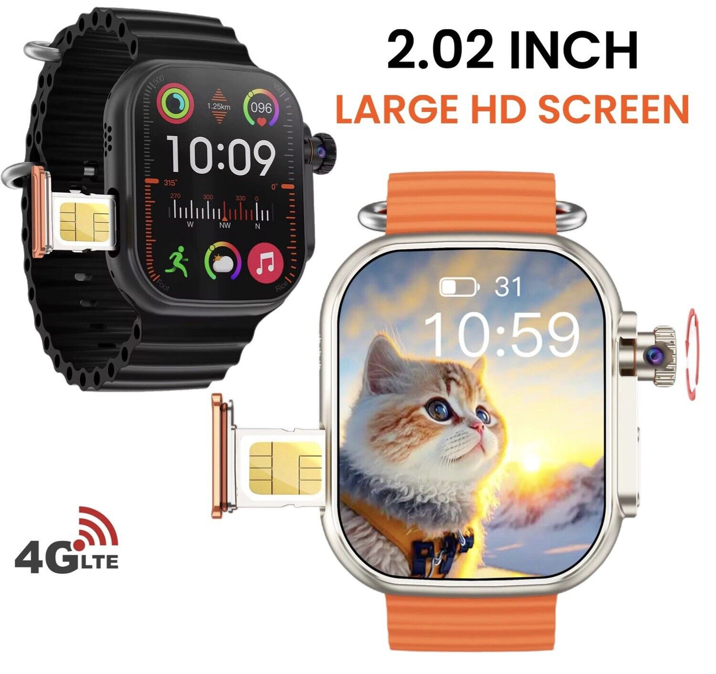 2.04" SMARTWATCH HD SCREEN 4G-64GB Android 8.1 HD Video Call, App,850mAh,ECG,USA