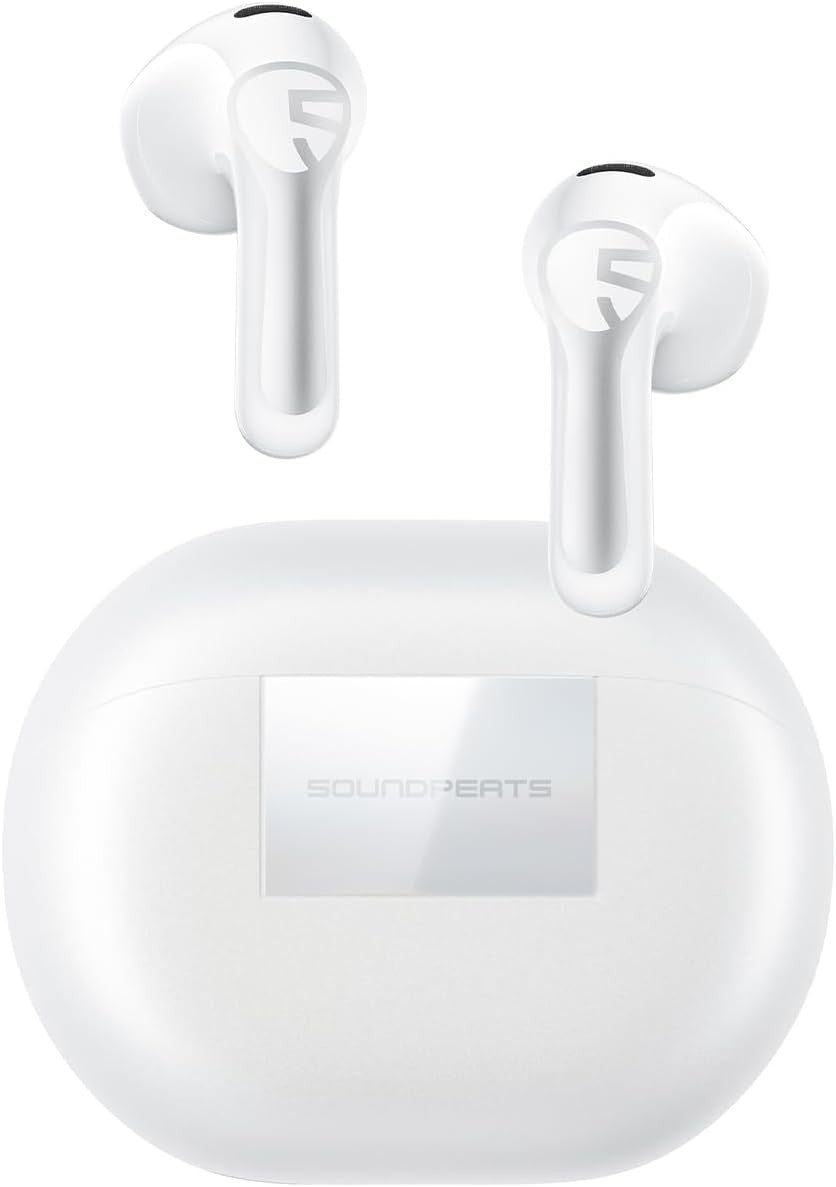 SoundPEATS Air6 HS earbuds in white, shown above the closed white charging case
