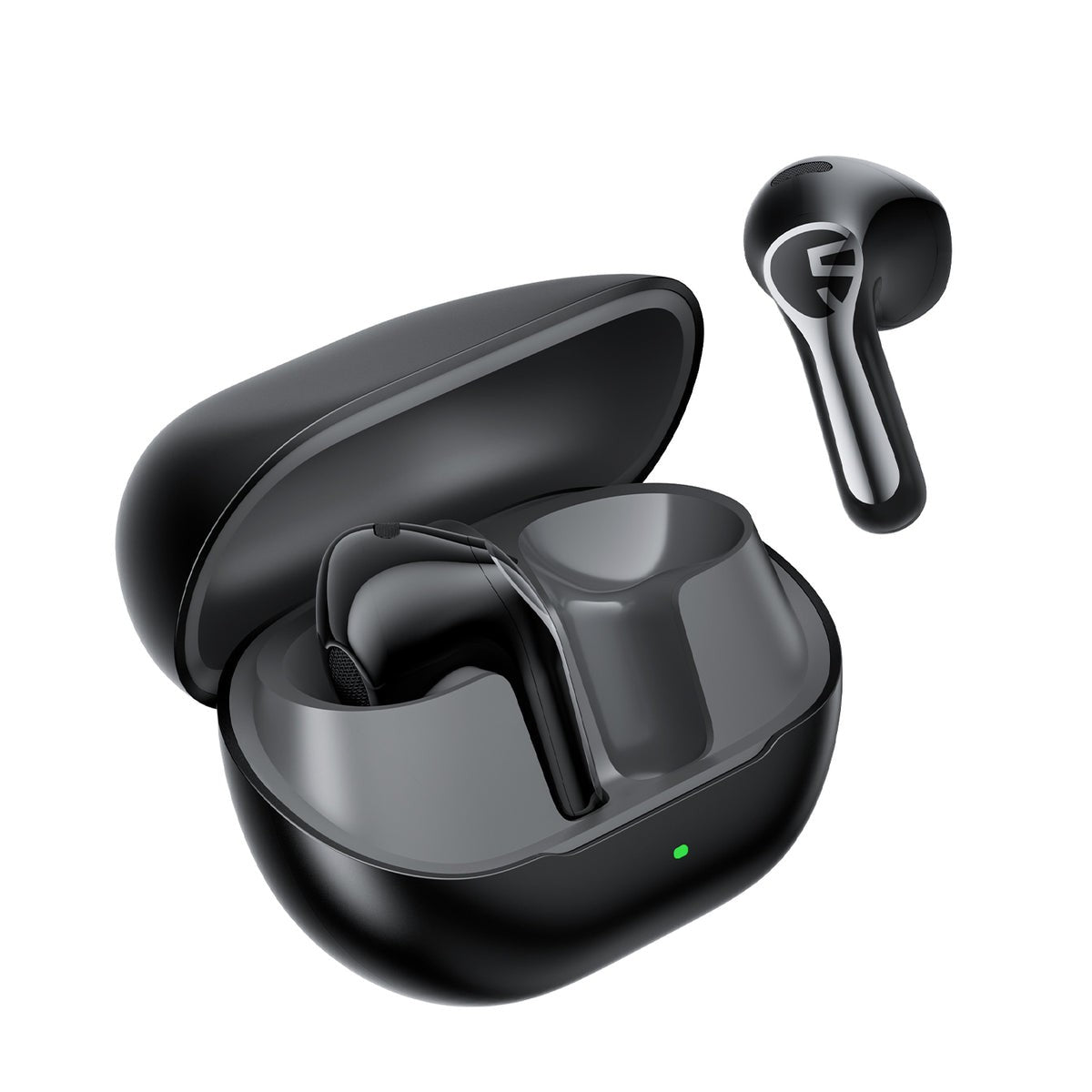 Black Air6 HS earbuds, one resting in the open black charging case and one shown alongside it