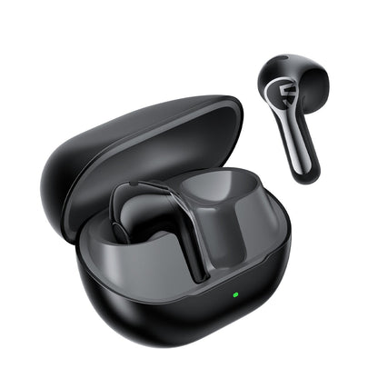 Black Air6 HS earbuds, one resting in the open black charging case and one shown alongside it