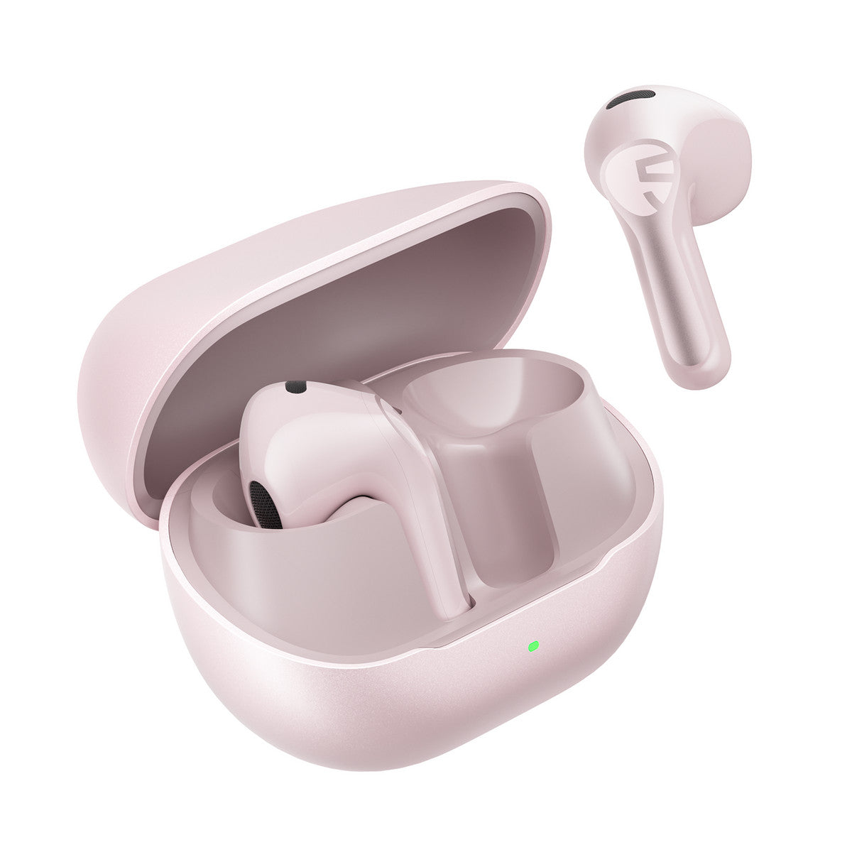 Pink Air6 HS earbuds, one resting in the open pink charging case and one shown alongside it