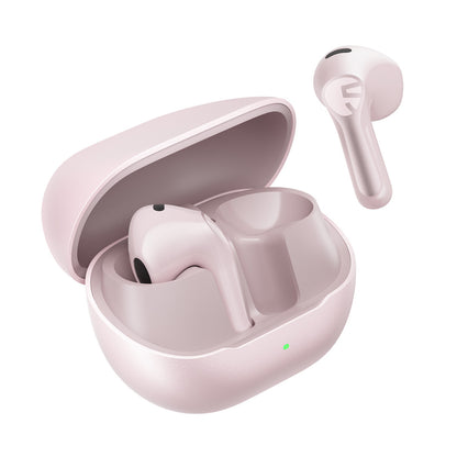 Pink Air6 HS earbuds, one resting in the open pink charging case and one shown alongside it
