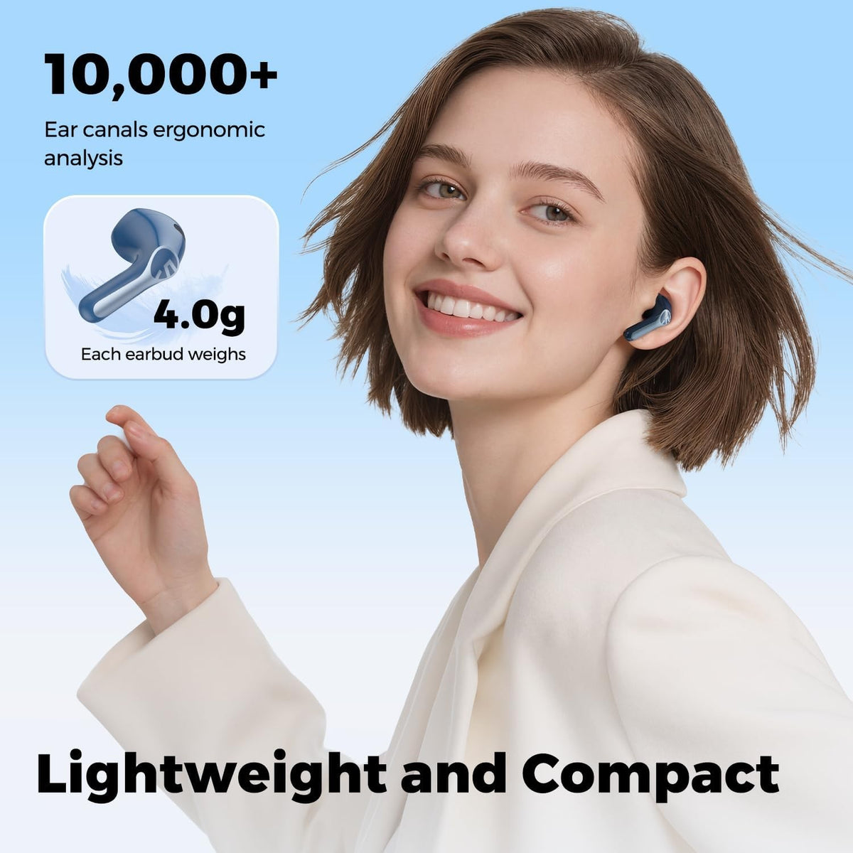 Woman wearing a blue Air6 HS earbud, captioned lightweight and compact, noting 4.0g per earbud and ergonomic analysis of more than 10,000 ear canals