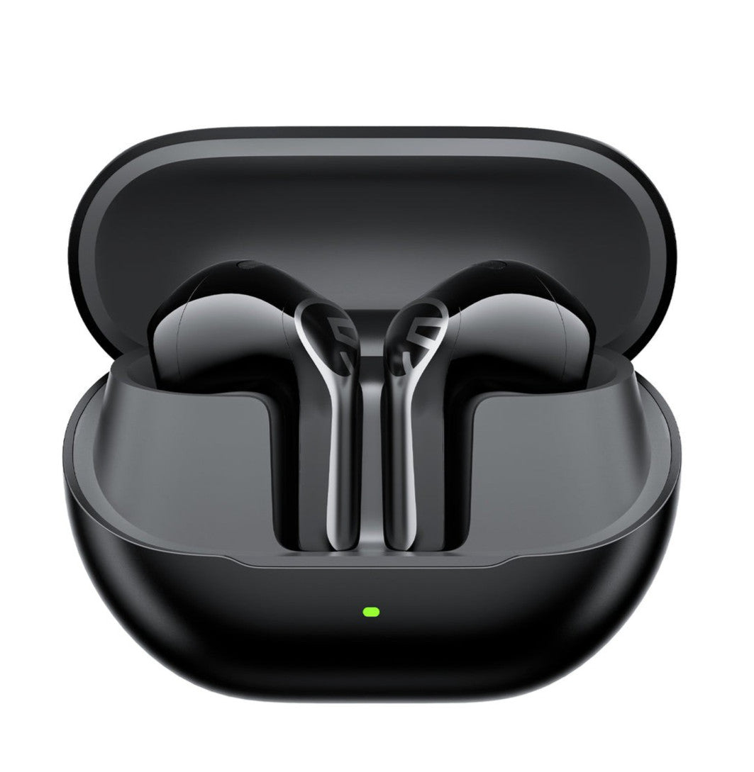 SoundPEATS Air6 HS wireless earbuds in black, resting in the open black charging case