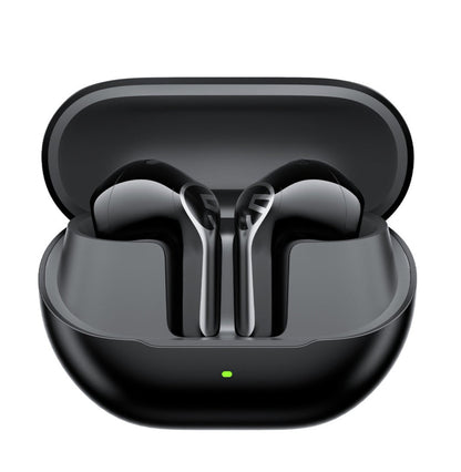 SoundPEATS Air6 HS wireless earbuds in black, resting in the open black charging case