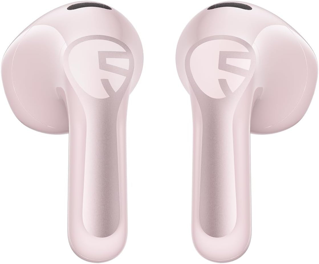 Close-up of a pair of pink Air6 HS earbuds showing the SoundPEATS logo on each stem
