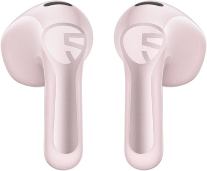 Close-up of a pair of pink Air6 HS earbuds showing the SoundPEATS logo on each stem