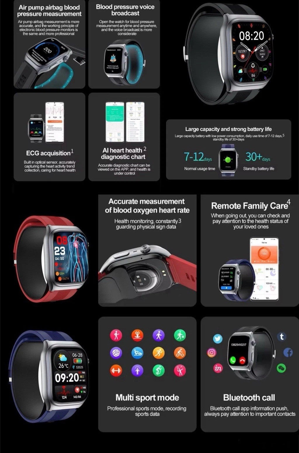 Smart Watch 2.06 AMOLED display Sport and Health,Blood Pressure Airbag Removable