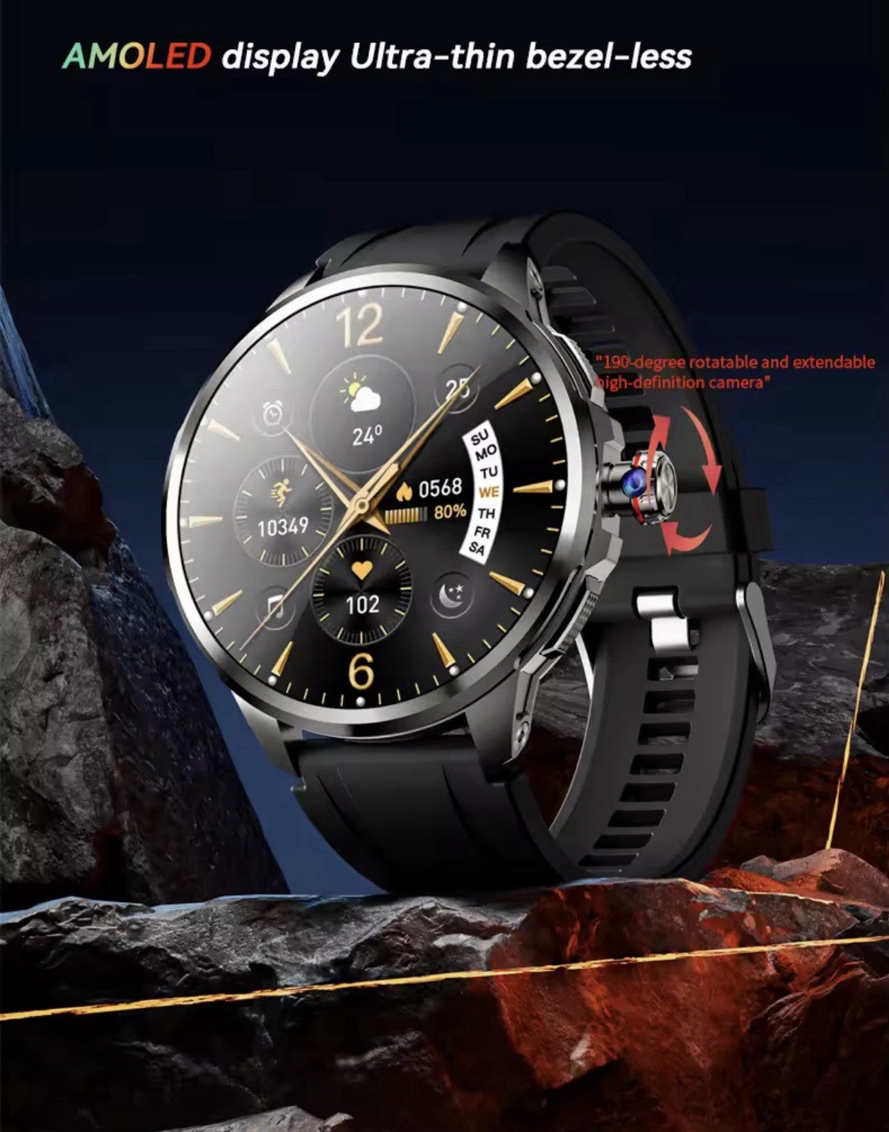 1.95" AMOLED 4G SMARTWATCH Phone Rotating Camera 8G+128GB,Android,GPS,NFC,1100mAh