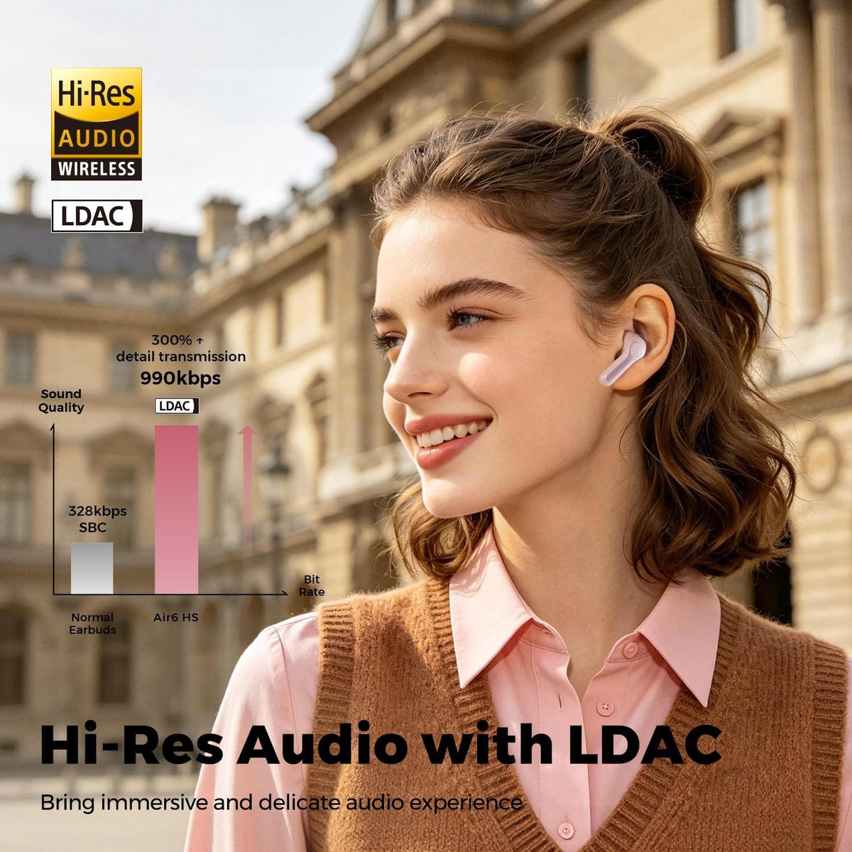 Woman wearing a pink Air6 HS earbud, with a Hi-Res Audio Wireless LDAC badge and a chart comparing LDAC at 990kbps against SBC at 328kbps