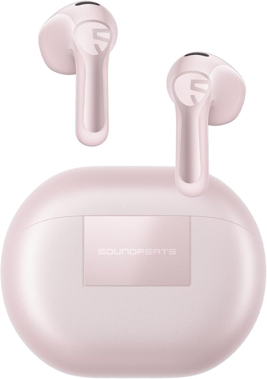SoundPEATS Air6 HS wireless earbuds in pink, shown above the pink charging case