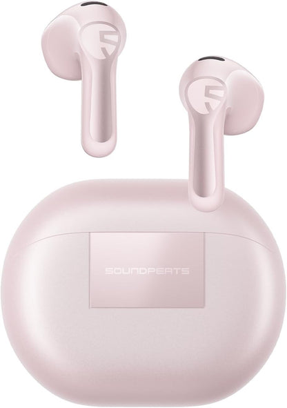 SoundPEATS Air6 HS wireless earbuds in pink, shown above the pink charging case