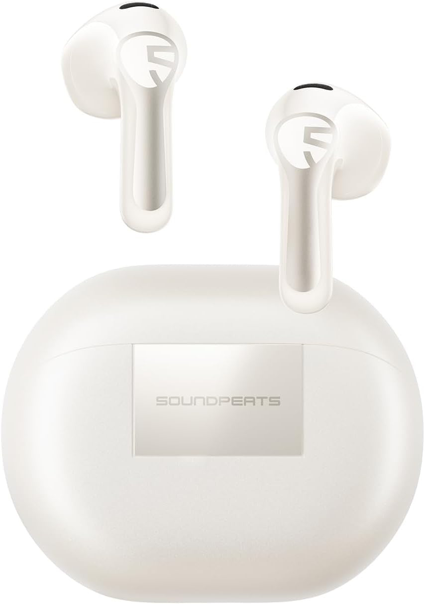 SoundPEATS Air6 HS wireless earbuds in beige, shown above the beige charging case