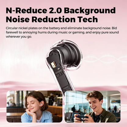 N-Reduce 2.0 noise reduction diagram shown on a pink Air6 HS earbud, with people taking calls in a cafe and while gaming