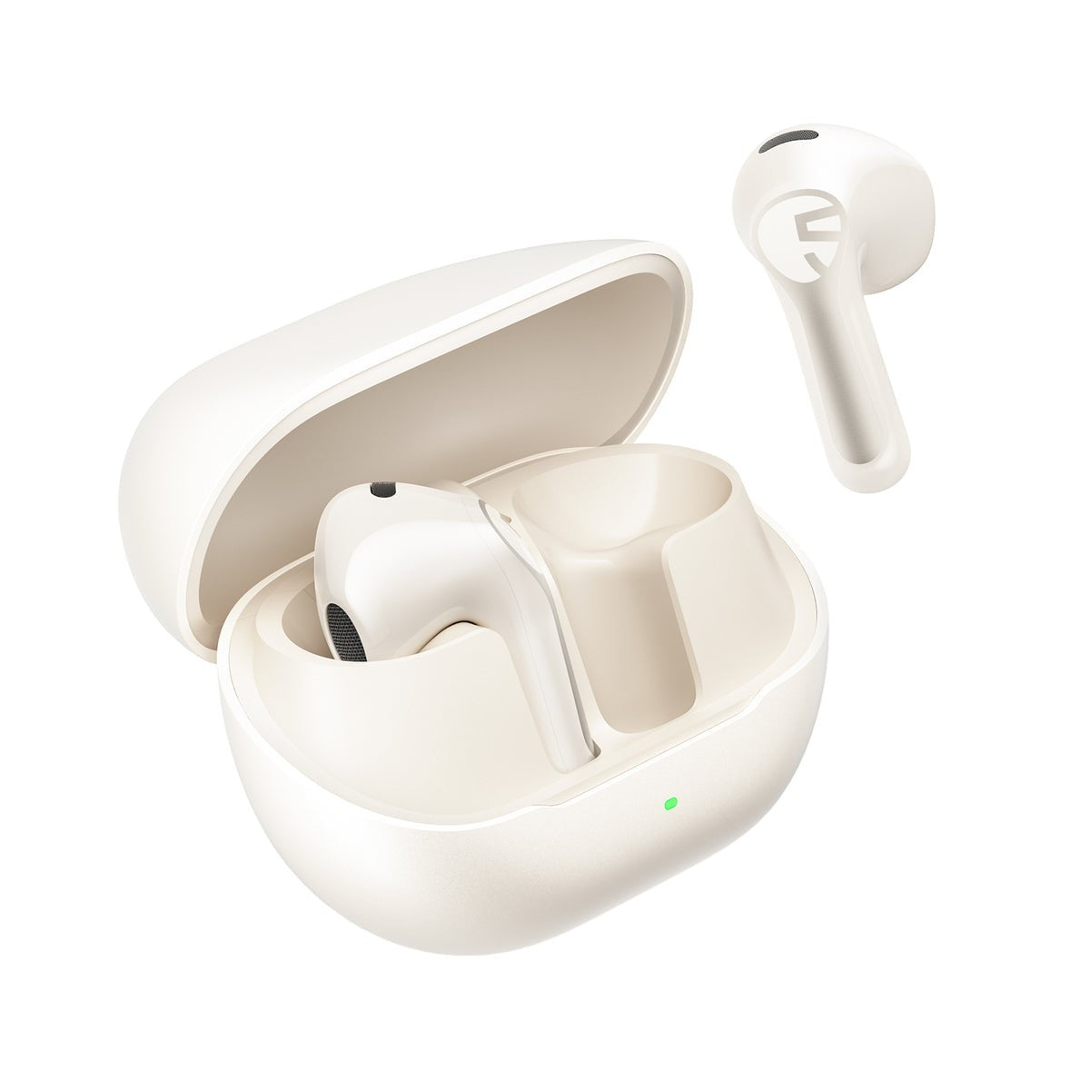 Beige Air6 HS earbuds, one resting in the open beige charging case and one shown alongside it