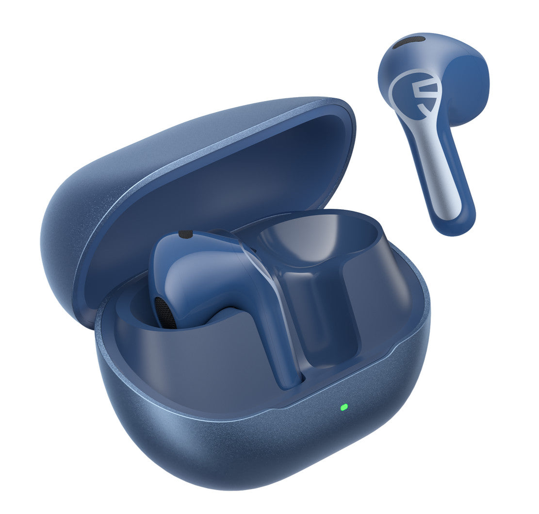 Blue Air6 HS earbuds, one resting in the open blue charging case and one shown alongside it