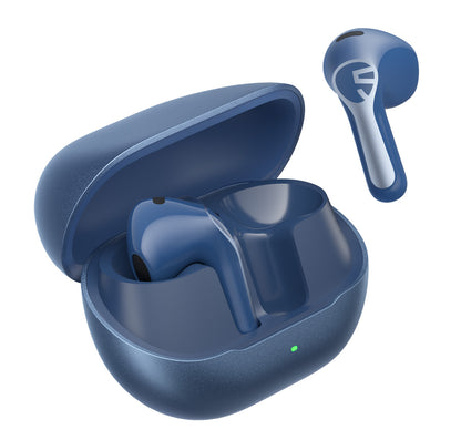 Blue Air6 HS earbuds, one resting in the open blue charging case and one shown alongside it