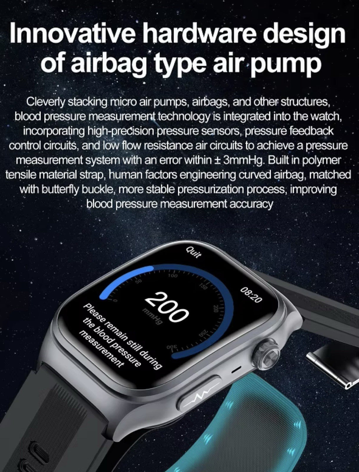 Smart Watch 2.06 AMOLED display Sport and Health,Blood Pressure Airbag Removable