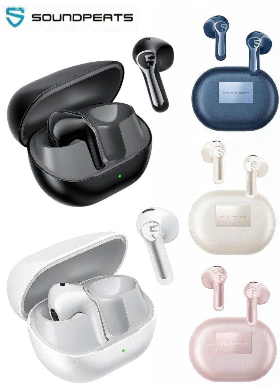 SoundPEATS Air6 HS semi-in-ear wireless earbuds shown in all five colors: black, blue, white, beige and pink, each with its charging case