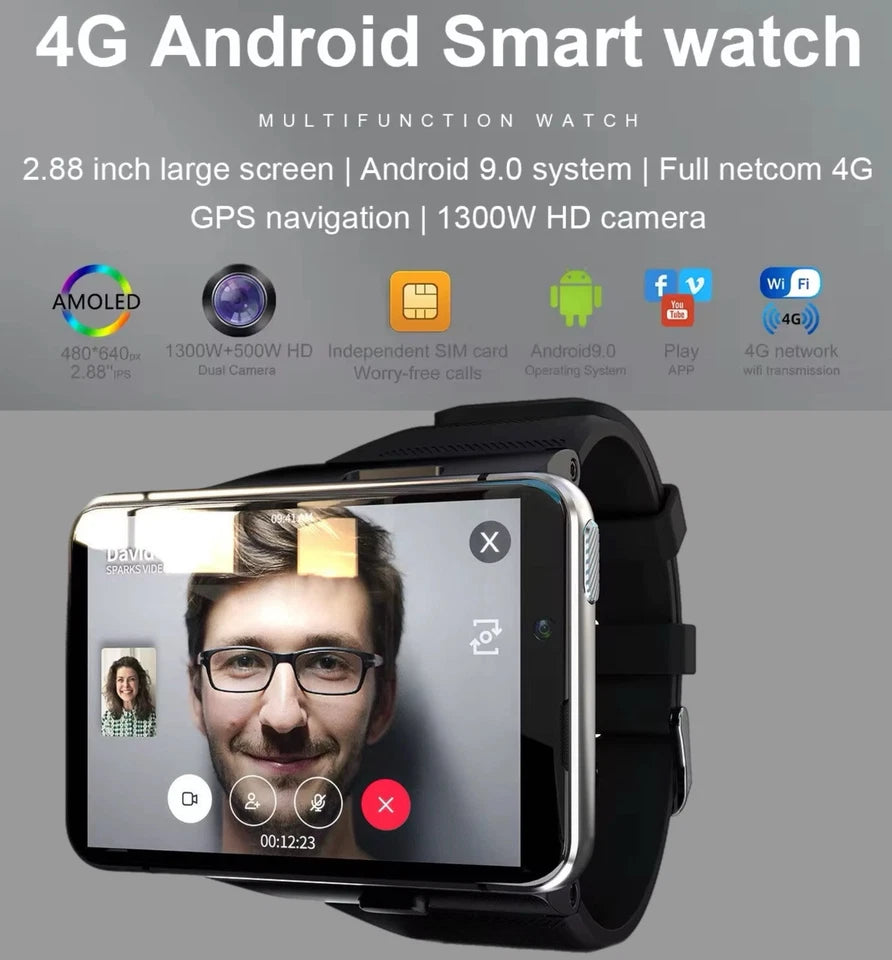 LRG 2.88" Touch Screen 4G SMRTWATCH PHONE Android 9.0 GPS, 2 Cameras 4+64GB, (SILVER) USA